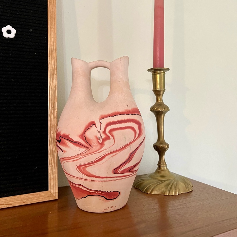 Nemadji pottery double spout vase in pink swirl